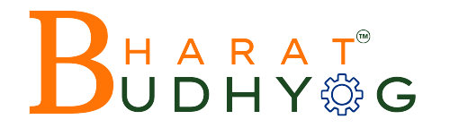 The logo for Bharat Udhyog features "Bharat" in orange and "Udhyog" in green, with a blue gear icon integrated into the "O".