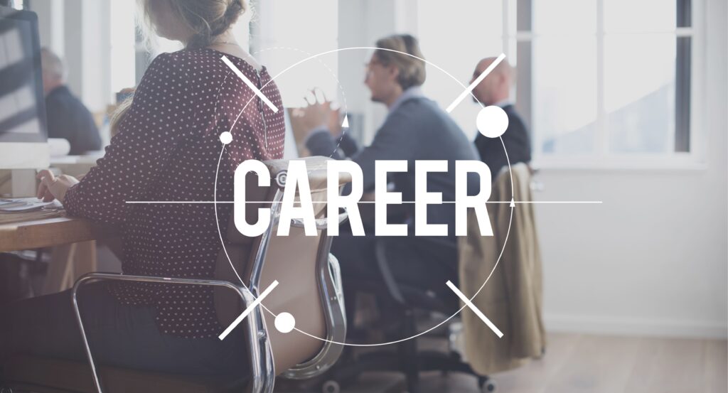 A white "CAREER" overlay on a blurred image of people working in an office.